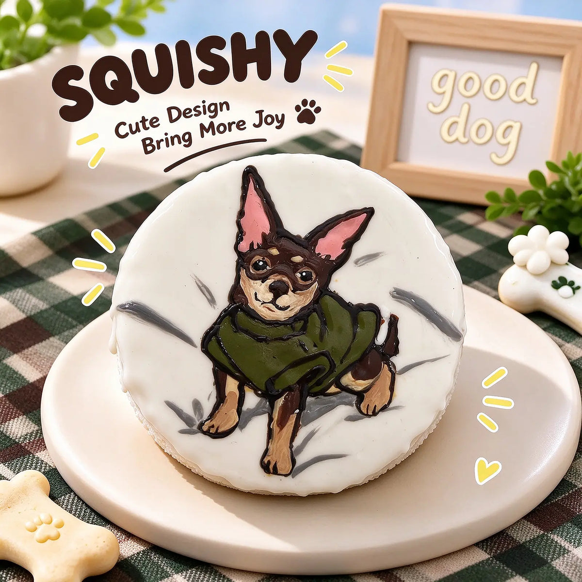 Hand-painted Chihuahua squishy toy, cute Chi dog portrait on soft round fidget toy, white glossy surface with green sweater and playful painted details