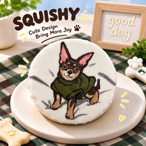 Hand-painted Chihuahua squishy toy, cute Chi dog portrait on soft round fidget toy, white glossy surface with green sweater and playful painted details