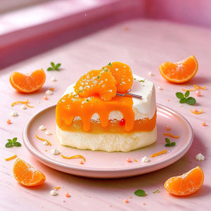 Orange-glazed mousse cake squishy topped with citrus decoration.