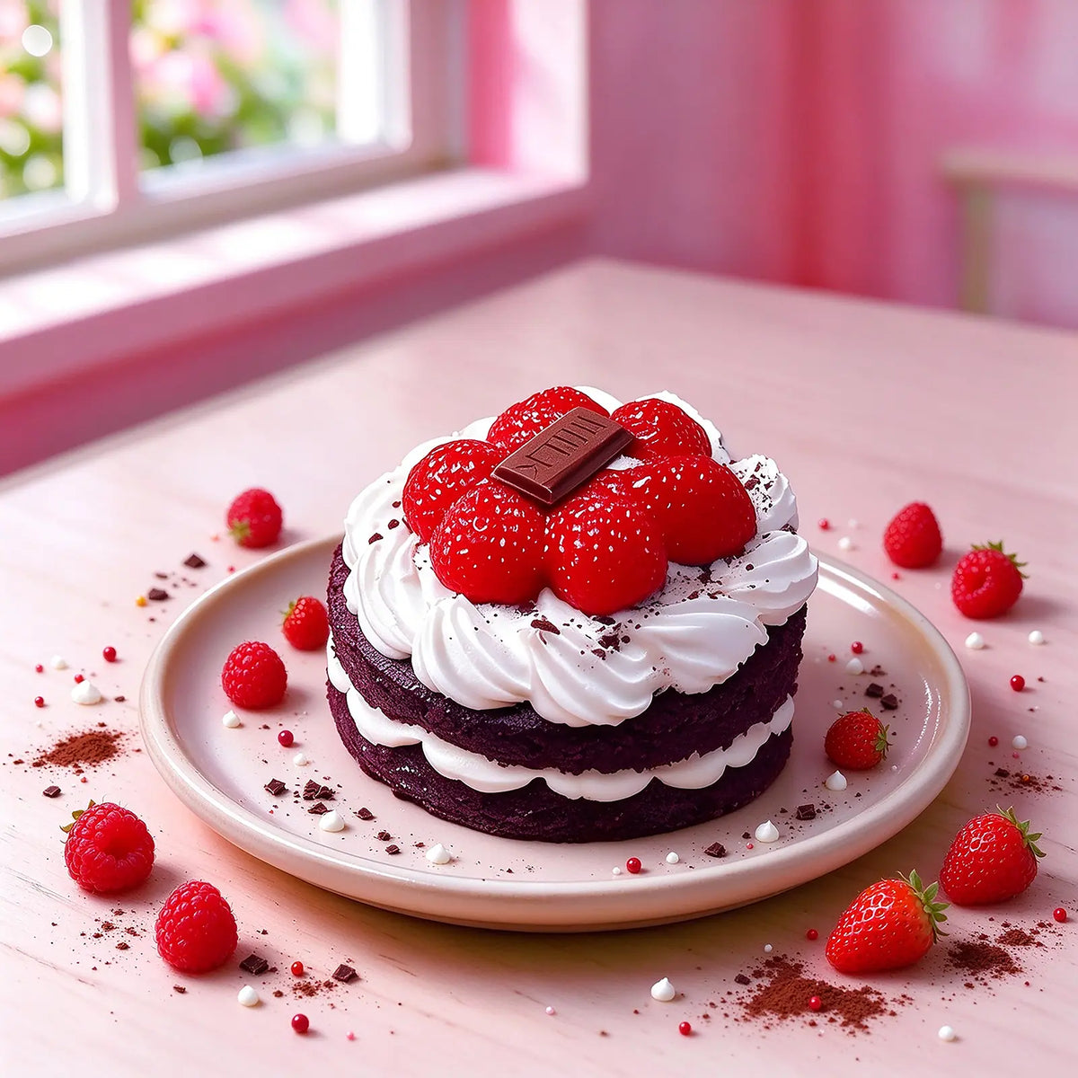 Chocolate raspberry tart-shaped squishy topped with red berries and cream.