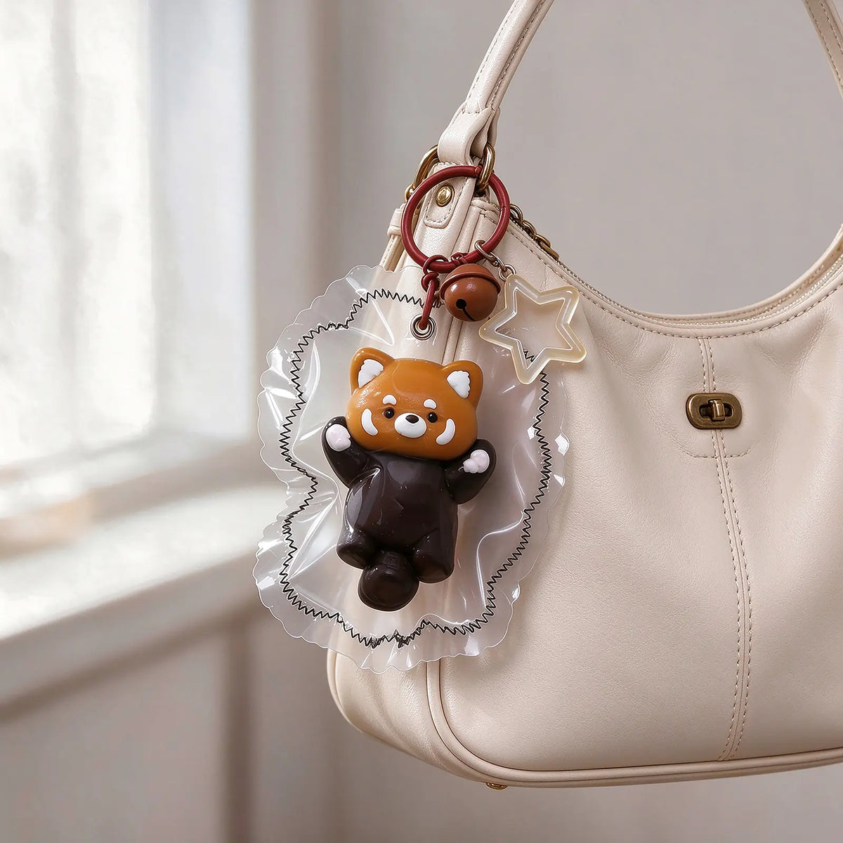 Brown raccoon-shaped squishy charm hanging from a handbag.