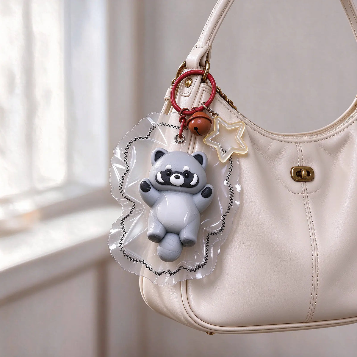 Raccoon-shaped squishy charm displayed hanging from a handbag.