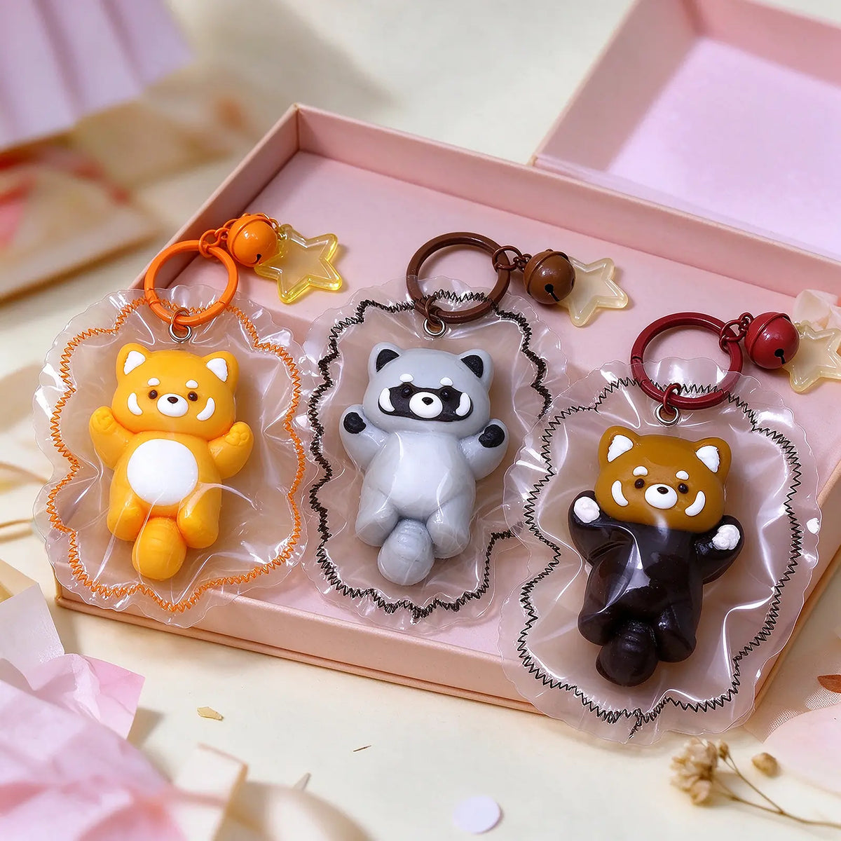 Three raccoon-shaped squishy bag charms in orange, gray, and brown displayed together.