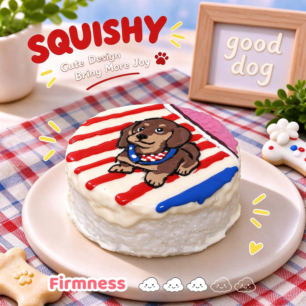 Dachshund custom squishy toy side view, showing soft resilient texture, thick glossy surface and squeeze feel of cute stress relief fidget