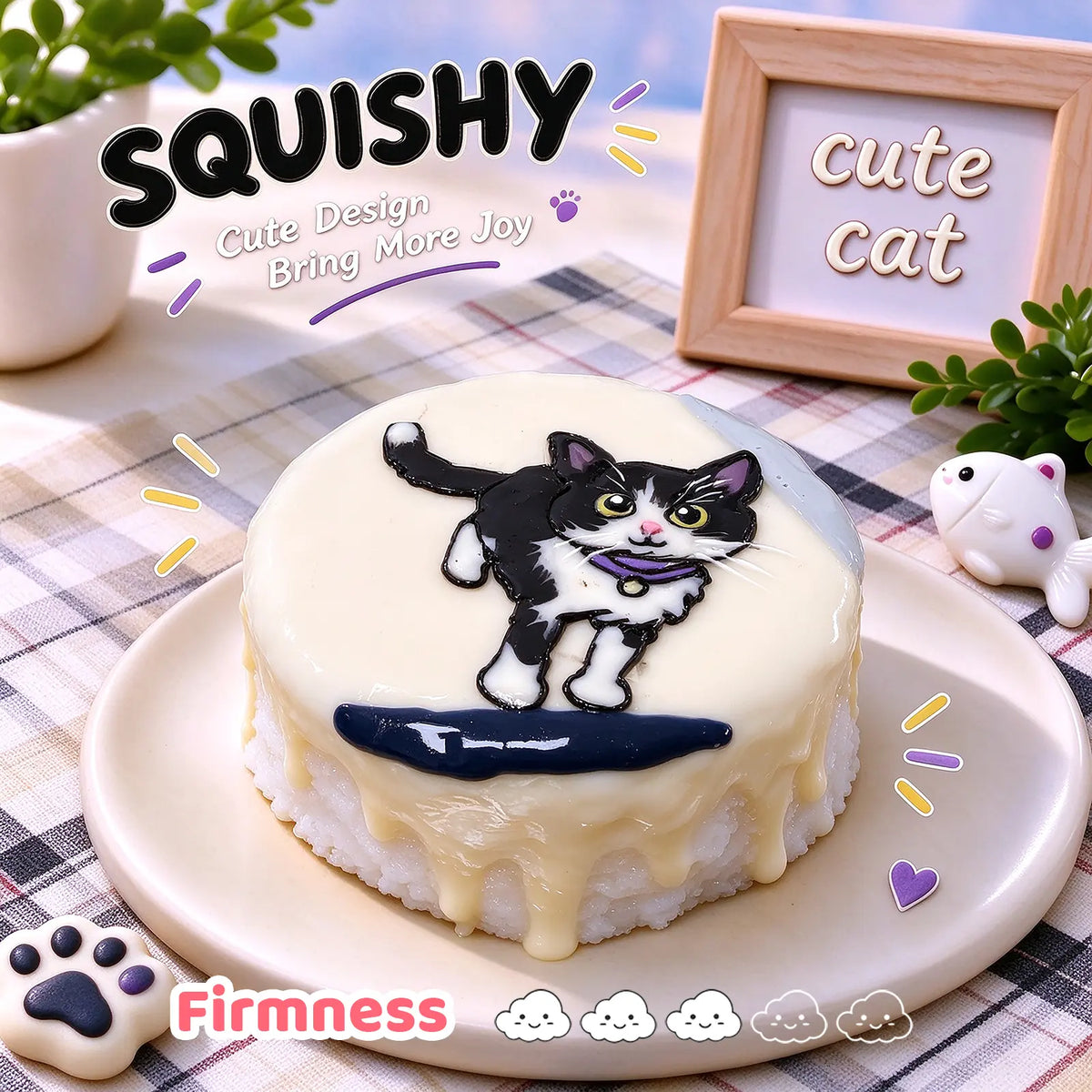 Devon Rex custom squishy toy side view, showing soft resilient texture, thick glossy surface and squeeze feel of cute stress relief fidget