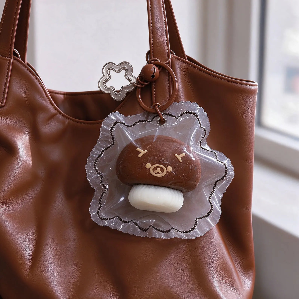 Mushroom-shaped squishy bear charm displayed on a handbag.