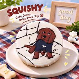 Hand-painted English Cocker Spaniel squishy toy, cute spaniel dog portrait on soft round fidget toy, white glossy surface with navy shirt and playful line details