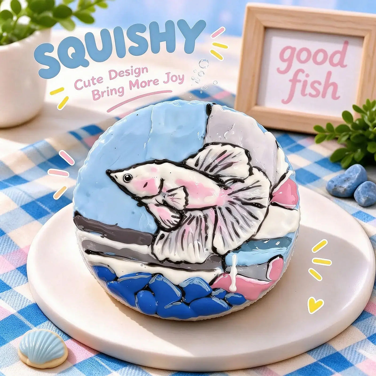 Fish squishy product photo, round blue and white squishy with hand-painted pink betta fish on aquarium glass and stone scene, cute aquatic dessert-style product photo, blue pink checkered tablecloth, wooden "good fish" sign, seashell and blue pebble decorations, bright playful styling