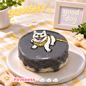 French Bulldog custom squishy toy side view, showing soft resilient texture, thick glossy surface and squeeze feel of cute stress relief fidget
