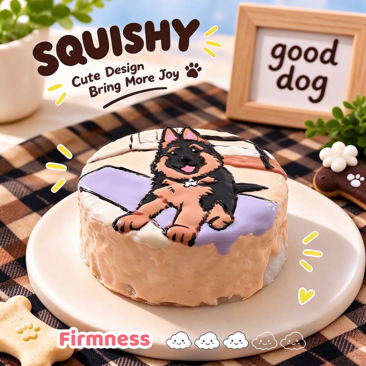 German Shepherd custom squishy toy side view, showing soft resilient texture, thick glossy surface and squeeze feel of cute stress relief fidget