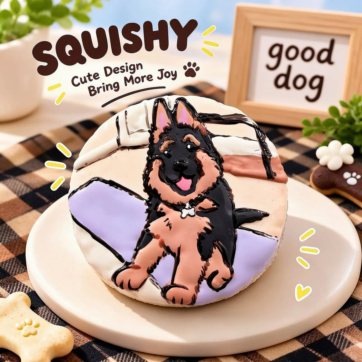 Hand-painted German Shepherd squishy toy, cute GSD dog portrait on soft round fidget toy, black and tan design with purple and beige glossy details