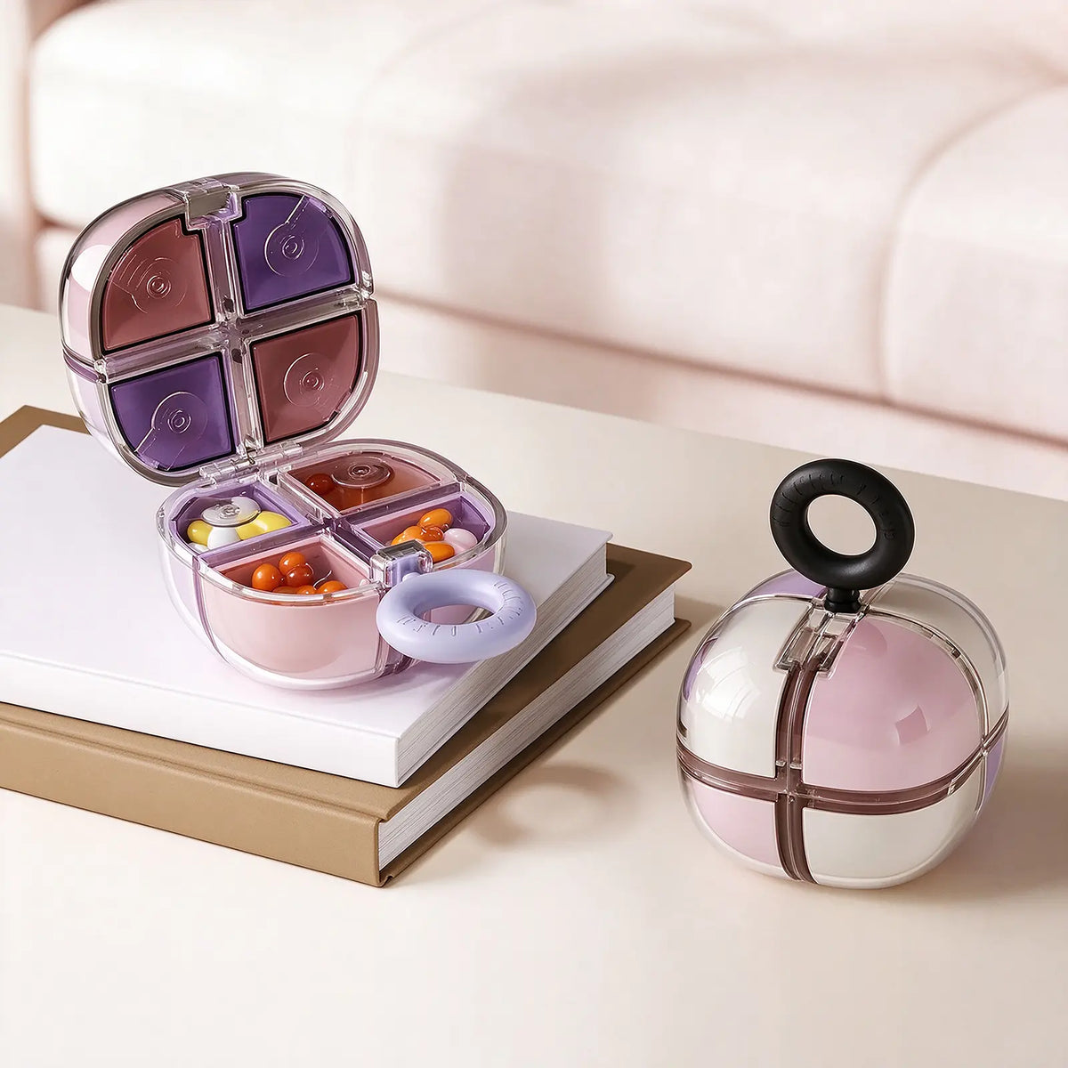 Pink and purple DosePod gift pill organizer, portable 4-compartment travel pill box with transparent shell and pull ring, compact divided medicine storage case, shown open with pills inside and closed spherical design on tabletop
