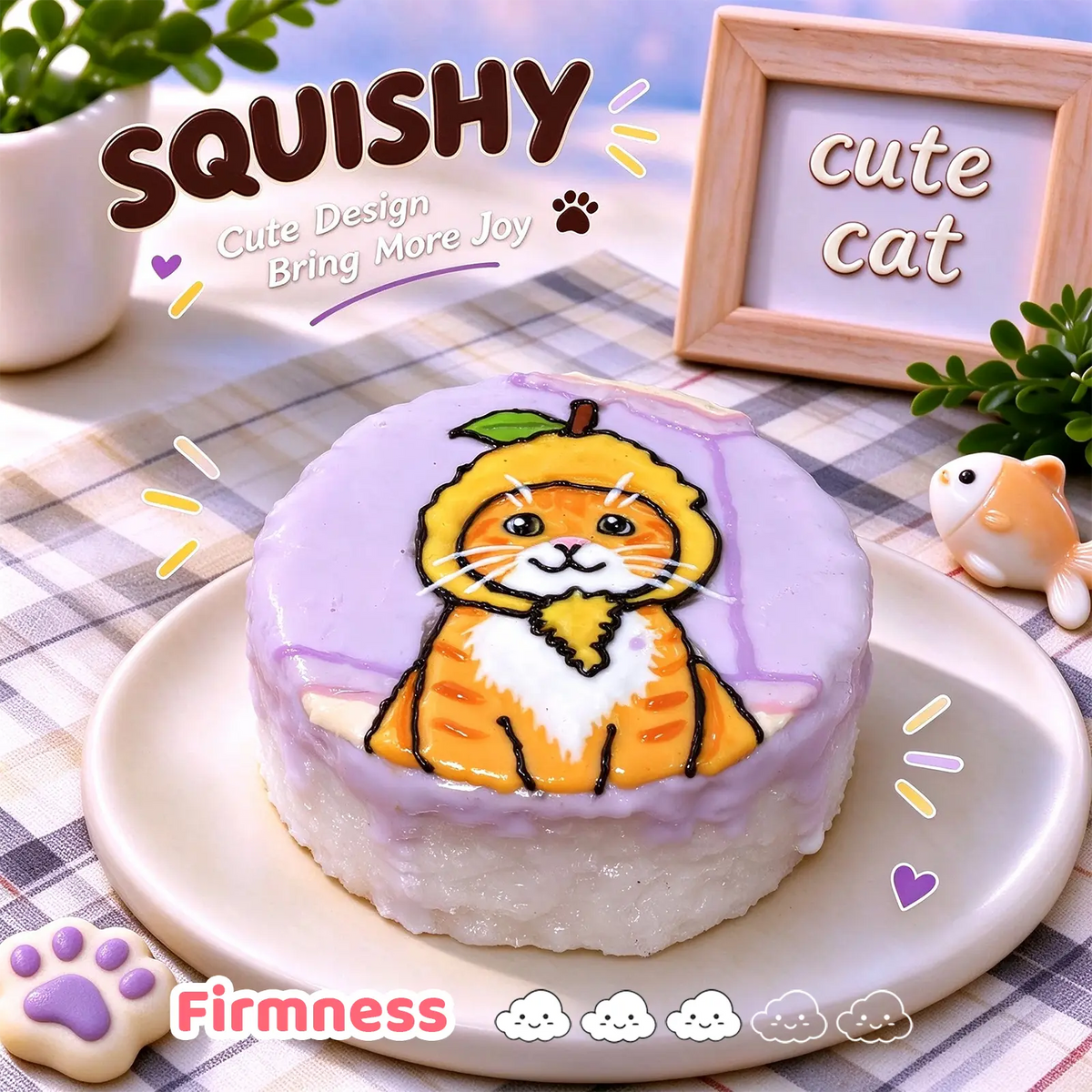 Ginger Cat custom squishy toy side view, showing soft resilient texture, thick glossy surface and squeeze feel of cute stress relief fidget