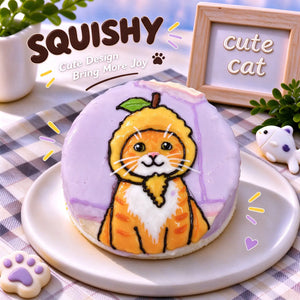 Hand-painted Ginger Cat squishy toy, cute orange ginger cat portrait with yellow fruit hood and leaf accent on soft round fidget toy, light purple glossy surface on display plate