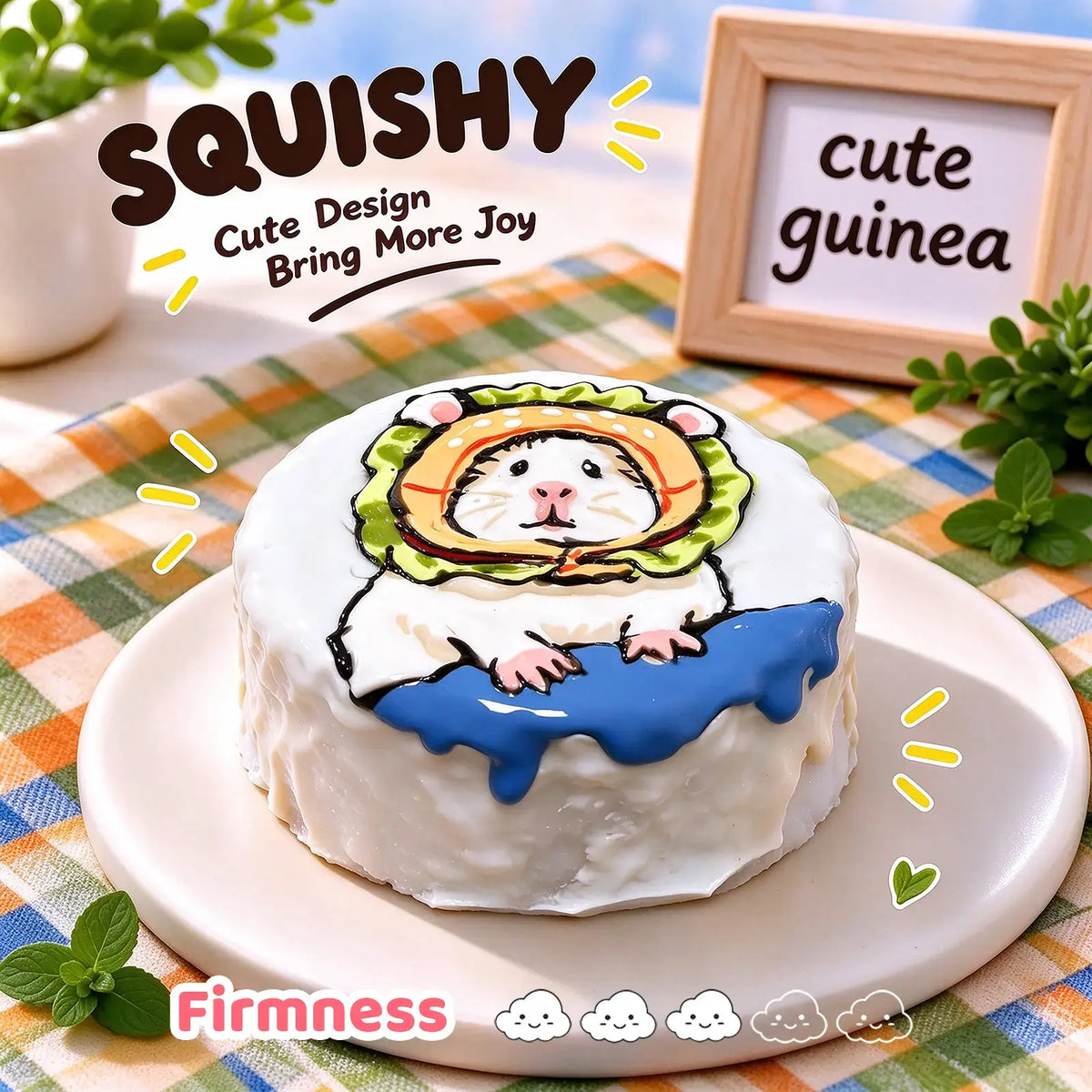 Guinea pig squishy side view, round white squishy with hand-painted guinea pig in green orange hood and blue dripping detail, soft glossy silicone texture, thick cake-like side profile, green orange checkered table setting, wooden "cute guinea" sign in background