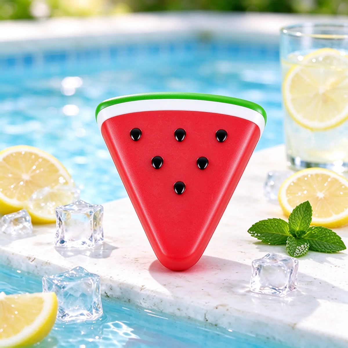 Red watermelon-slice squishy displayed beside a swimming pool and a lemon drink.