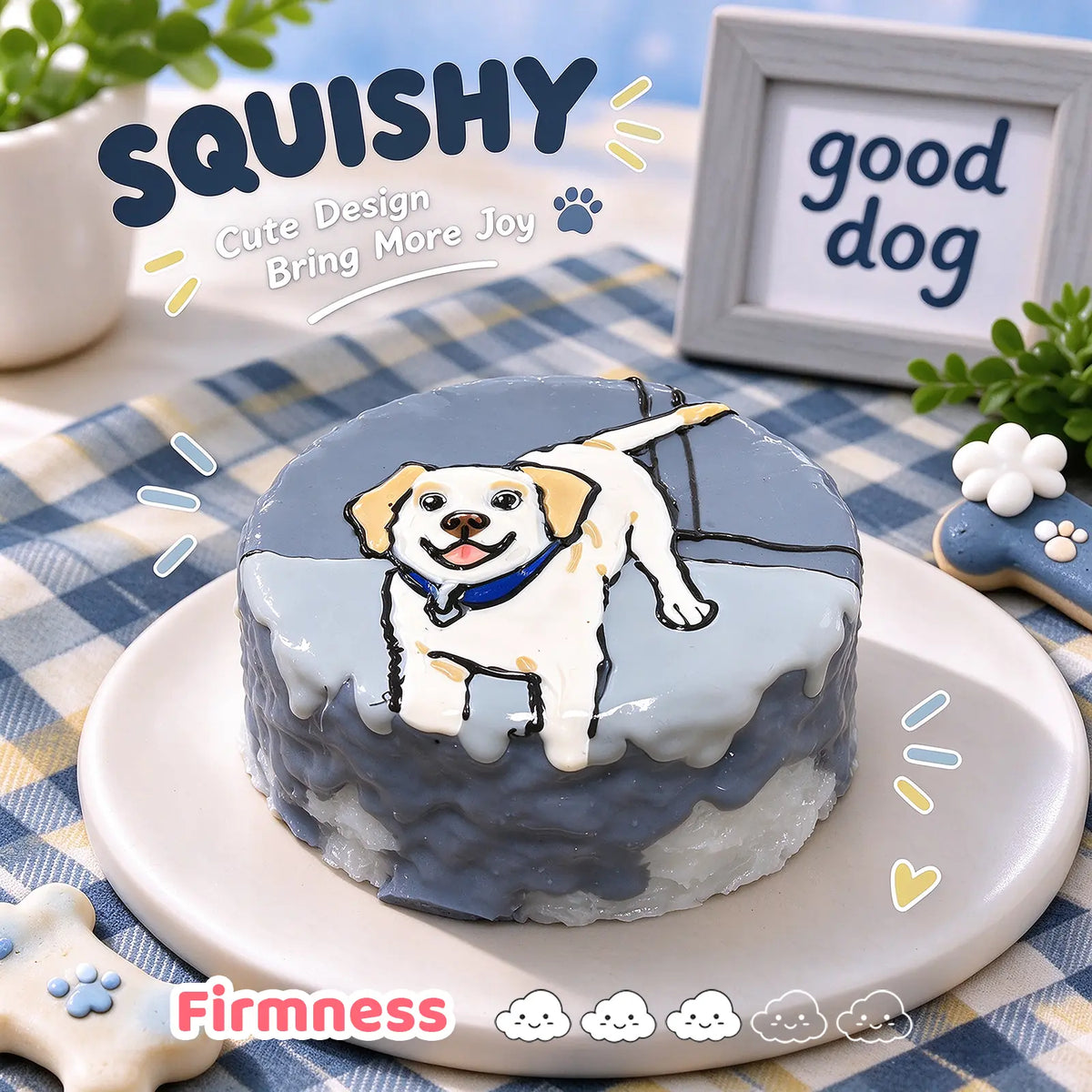 Labrador Retriever custom squishy toy side view, showing soft resilient texture, thick glossy surface and squeeze feel of cute stress relief fidget