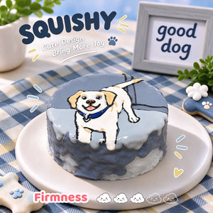 Labrador Retriever custom squishy toy side view, showing soft resilient texture, thick glossy surface and squeeze feel of cute stress relief fidget