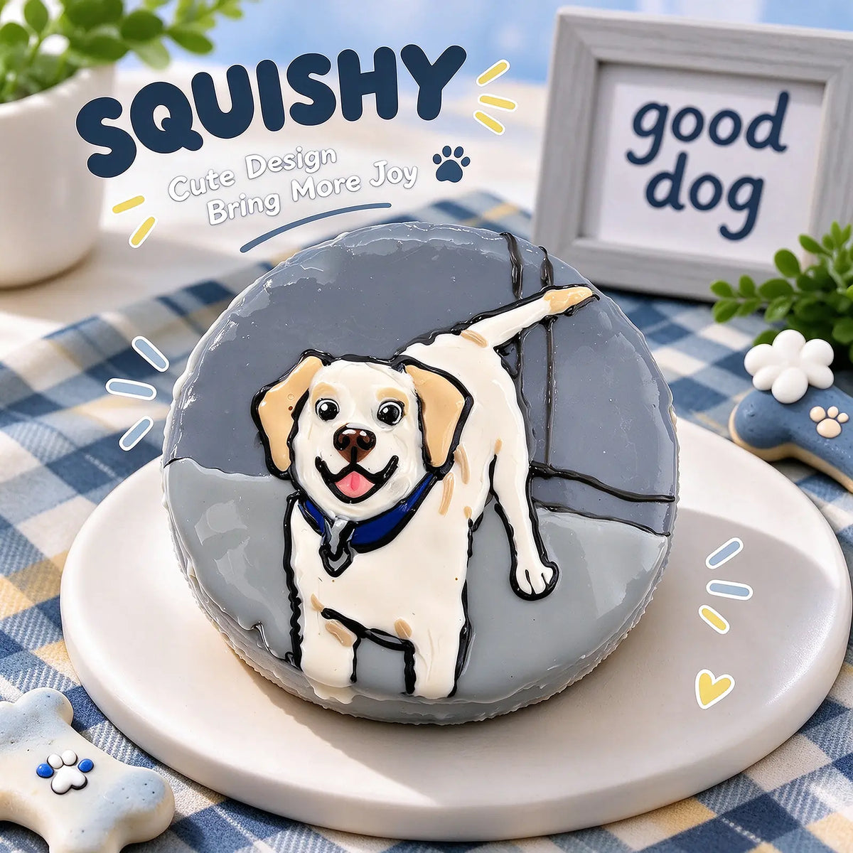 Hand-painted Labrador Retriever squishy toy, cute Lab dog portrait with blue collar on soft round fidget toy, gray glossy surface on display plate