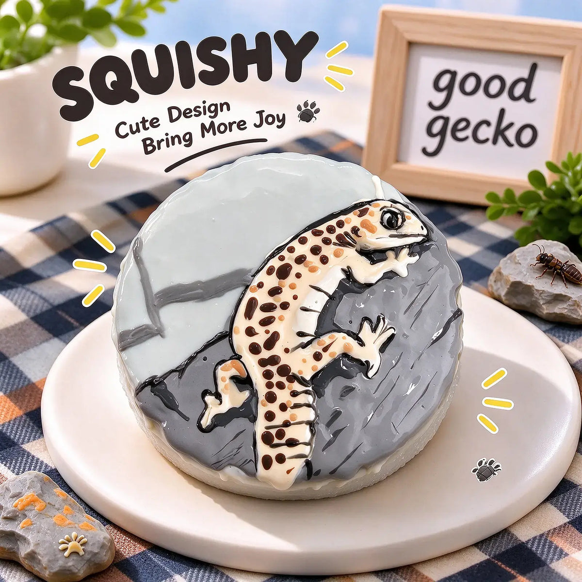 Leopard gecko squishy product photo, round gray and cream-colored squishy with hand-painted leopard gecko climbing on rock texture, cute reptile dessert-style scene, blue-brown checkered tablecloth, wooden "good gecko" sign, small rock and insect decorations, playful pet product styling