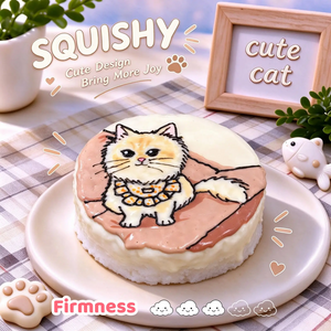 Longhair Mix Cat custom squishy toy side view, showing soft resilient texture, thick glossy surface and squeeze feel of cute stress relief fidget