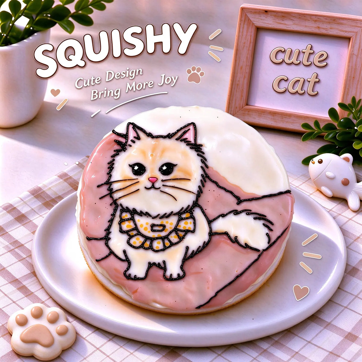 Hand-painted Longhair Mix Cat squishy toy, cute fluffy longhair cat portrait with decorative collar on soft round fidget toy, pink and white glossy surface on display plate