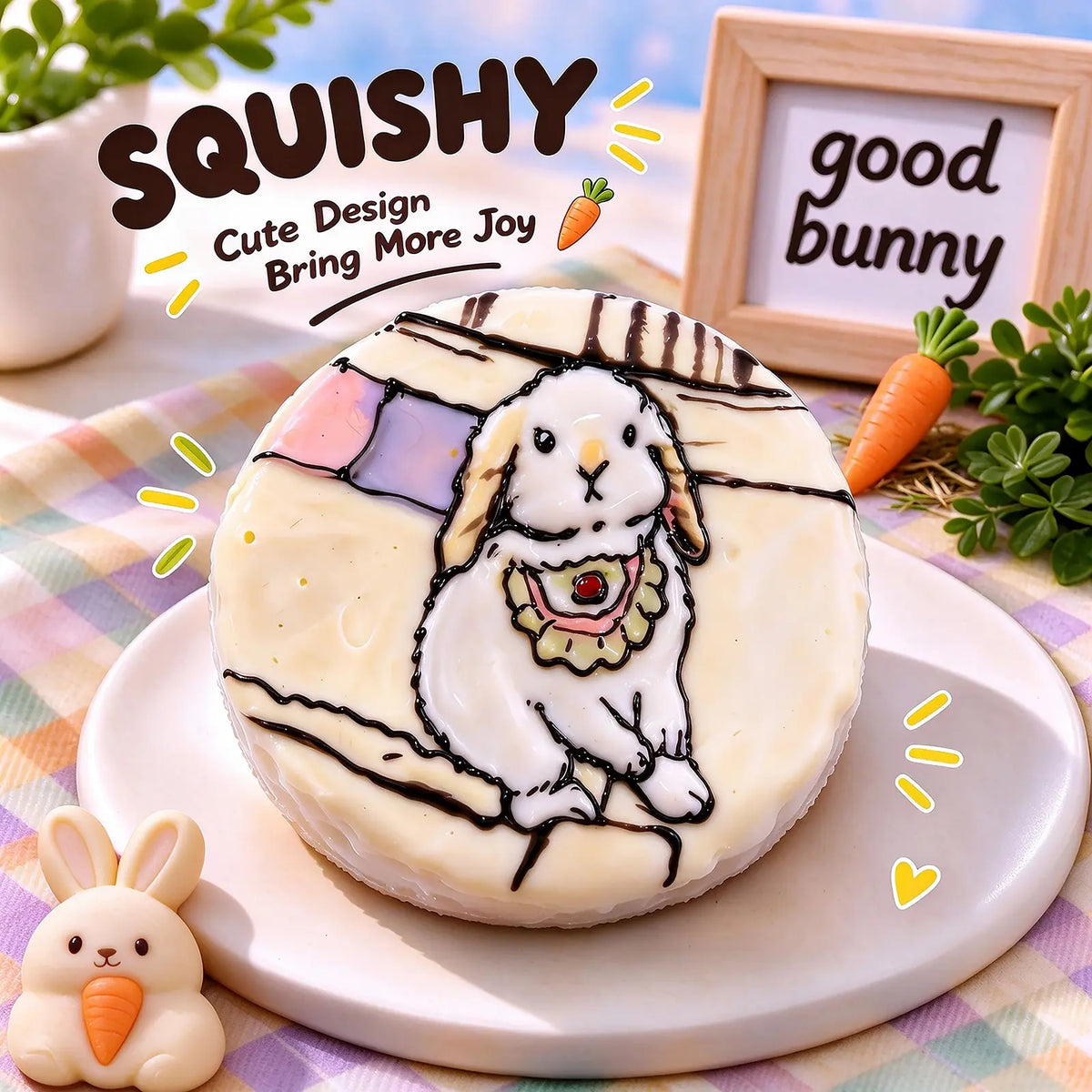 Lop-eared rabbit squishy product photo, round cream-colored bunny squishy with hand-painted white lop ear rabbit on top, cute bunny dessert-style scene, pastel checkered tablecloth, wooden "good bunny" sign, carrot and green plant decorations, warm playful product styling