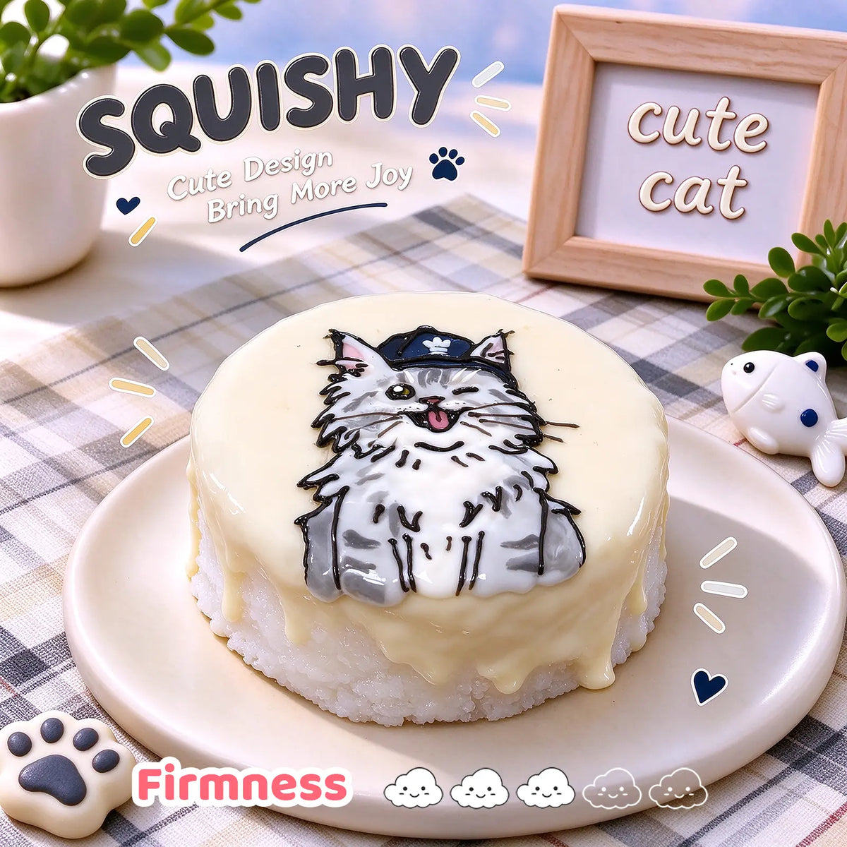 Maine Coon custom squishy toy side view, showing soft resilient texture, thick glossy surface and squeeze feel of cute stress relief fidget