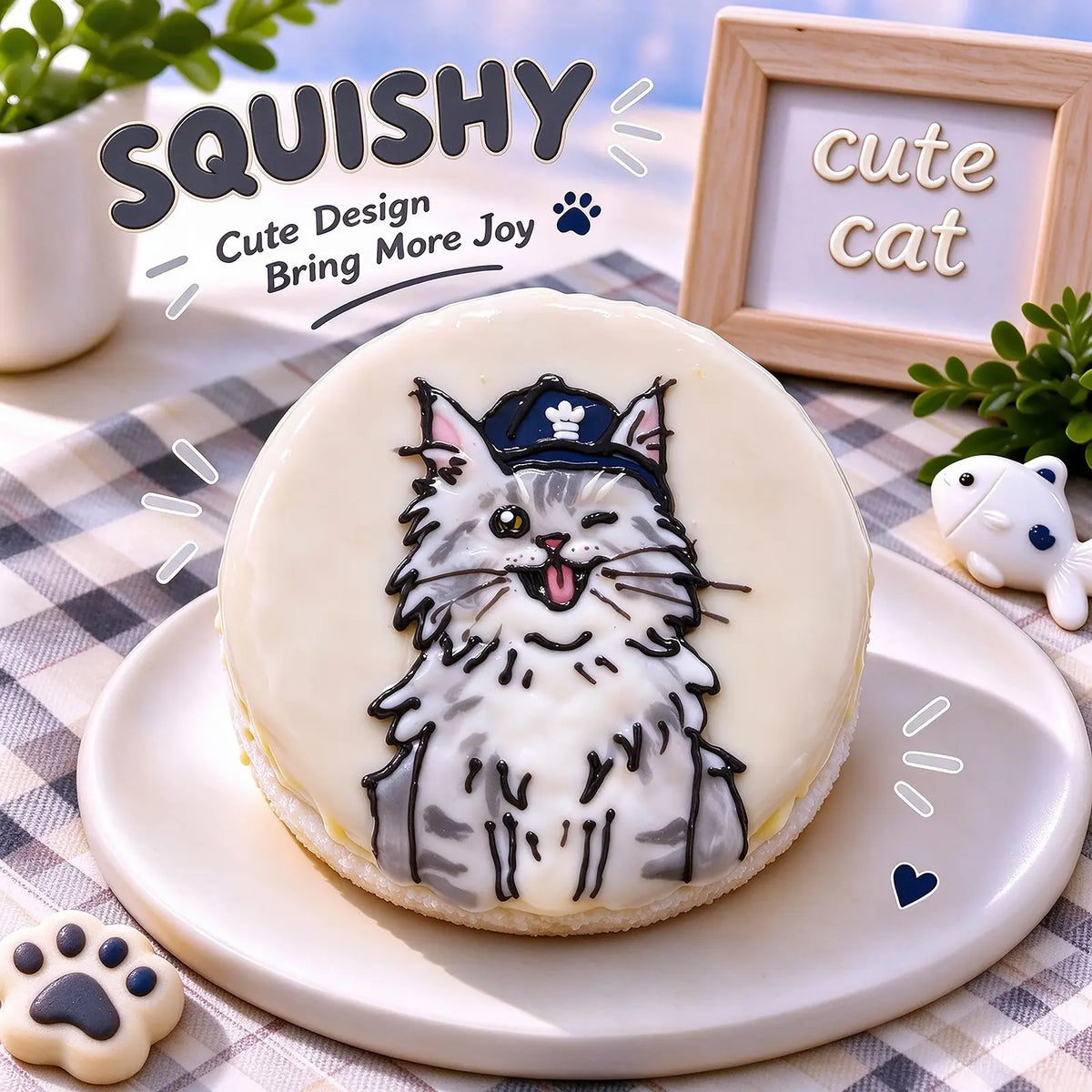 Hand-painted Maine Coon squishy toy, cute Maine Coon cat portrait on soft round fidget toy, cream glossy surface with gray white fur details and dark blue cap accent