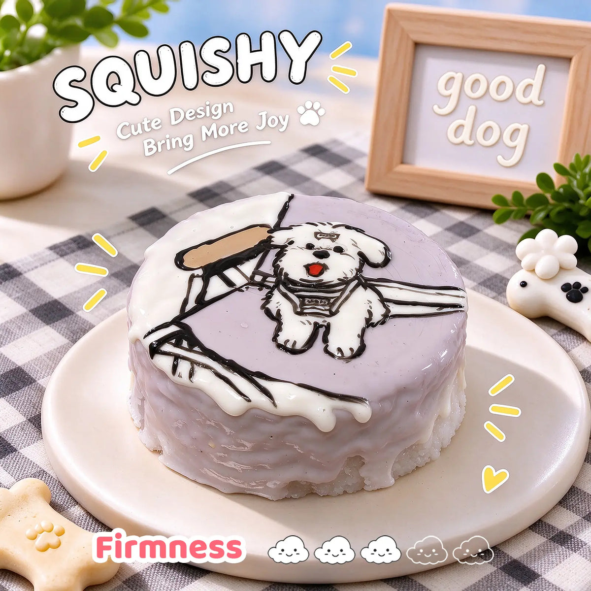 Maltese custom squishy toy side view, showing soft resilient texture, thick glossy surface and squeeze feel of cute stress relief fidget