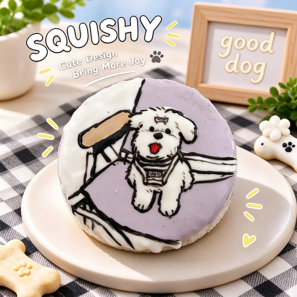Hand-painted Maltese squishy toy, cute white dog portrait on soft round fidget toy, purple and white glossy design on display plate