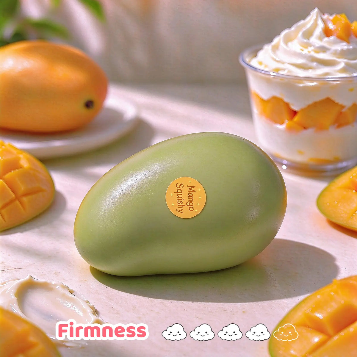 Green mango-shaped squishy displayed on a table with dessert dishes.