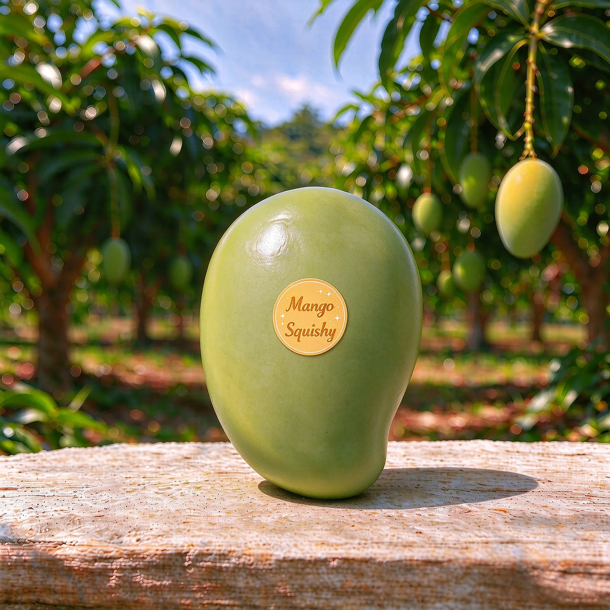 Green mango-shaped squishy displayed outdoors near mango fruit and greenery.