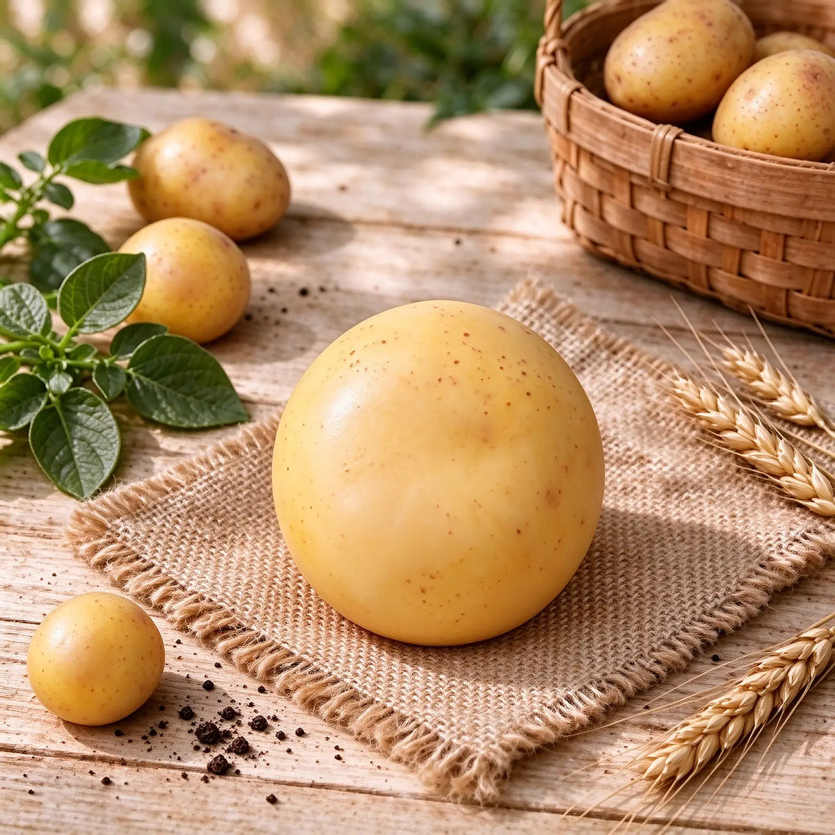 Potato-shaped squishy toy shown in a styled product photo with a natural setting.