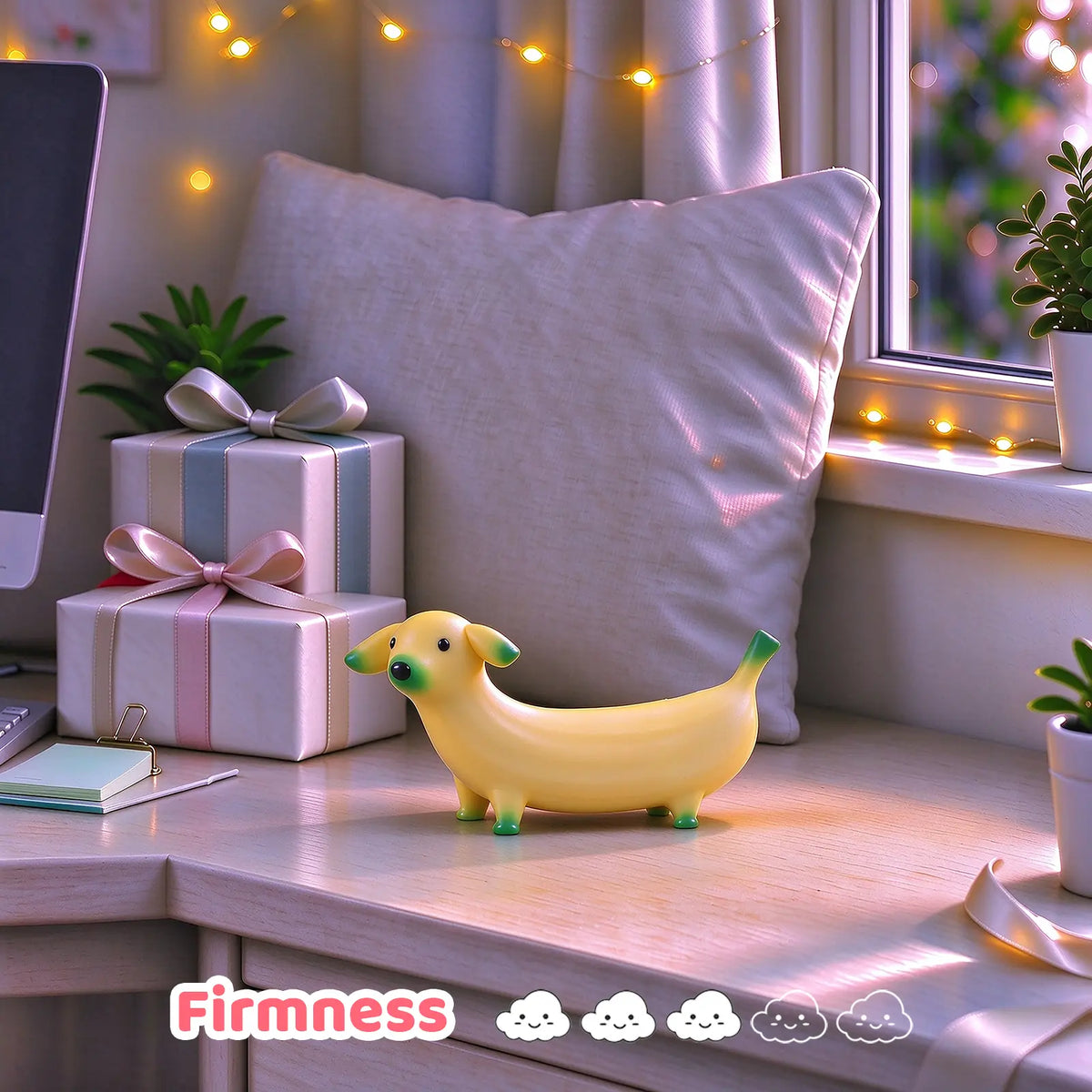 Yellow banana-shaped dog squishy displayed in a cozy bedroom setting.