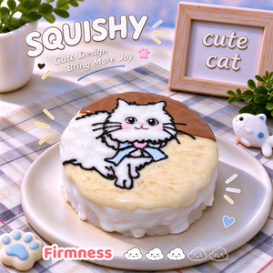 Persian custom squishy toy side view, showing soft resilient texture, thick glossy surface and squeeze feel of cute stress relief fidget
