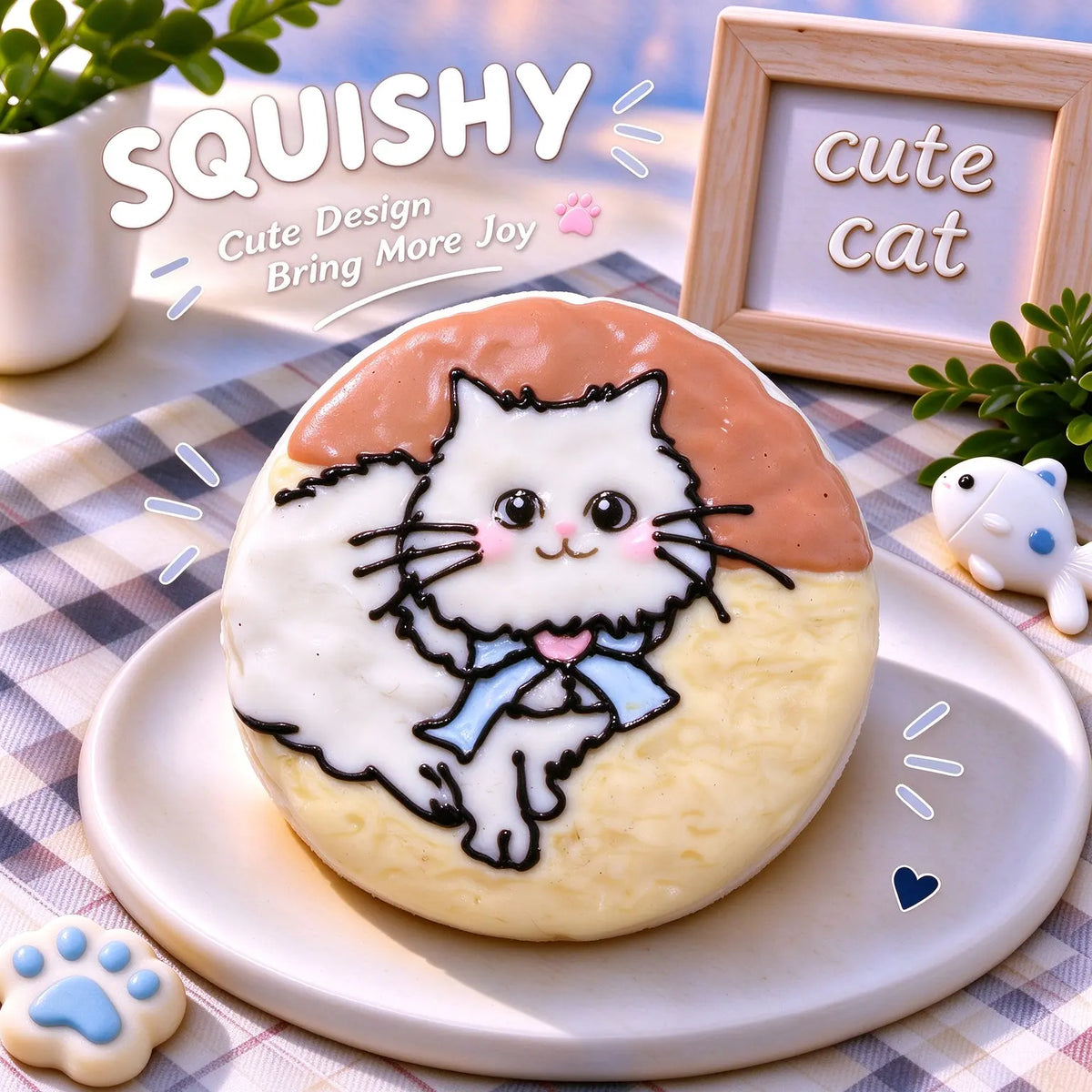 Hand-painted Persian squishy toy, cute Persian cat portrait with blue bow tie on soft round fidget toy, cream and brown glossy surface with fluffy white cat design on display plate