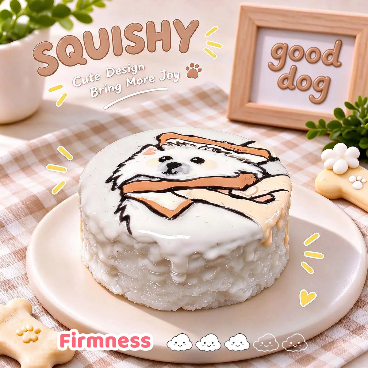Pomeranian custom squishy toy side view, showing soft resilient texture, thick glossy surface and squeeze feel of cute stress relief fidget