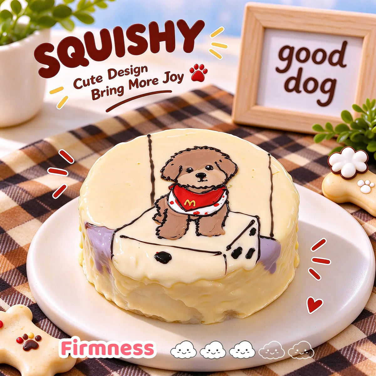 Poodle custom squishy toy side view, showing soft resilient texture, thick glossy surface and squeeze feel of cute stress relief fidget