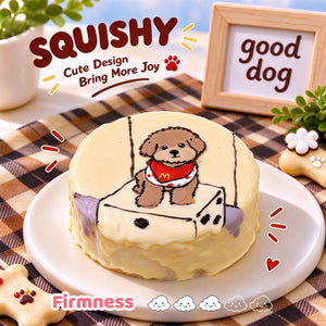 Poodle custom squishy toy side view, showing soft resilient texture, thick glossy surface and squeeze feel of cute stress relief fidget