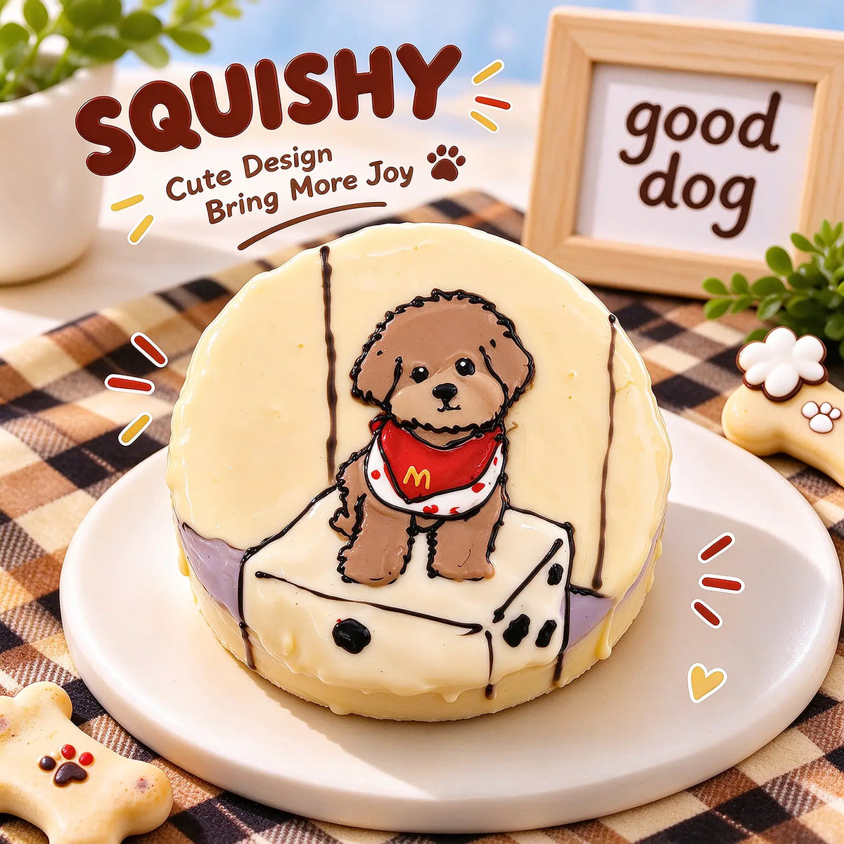Hand-painted Poodle squishy toy, cute Poodle dog portrait on soft round fidget toy, light yellow glossy surface with brown curly dog and red bandana design