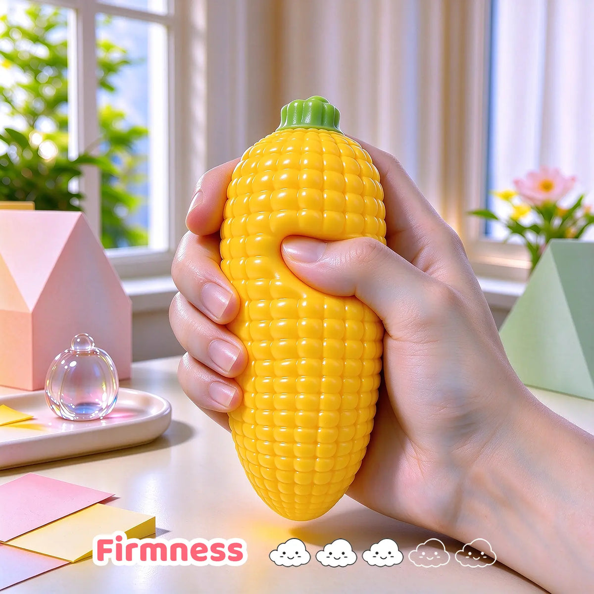 A hand holding a yellow corn-shaped squishy toy to show its size.