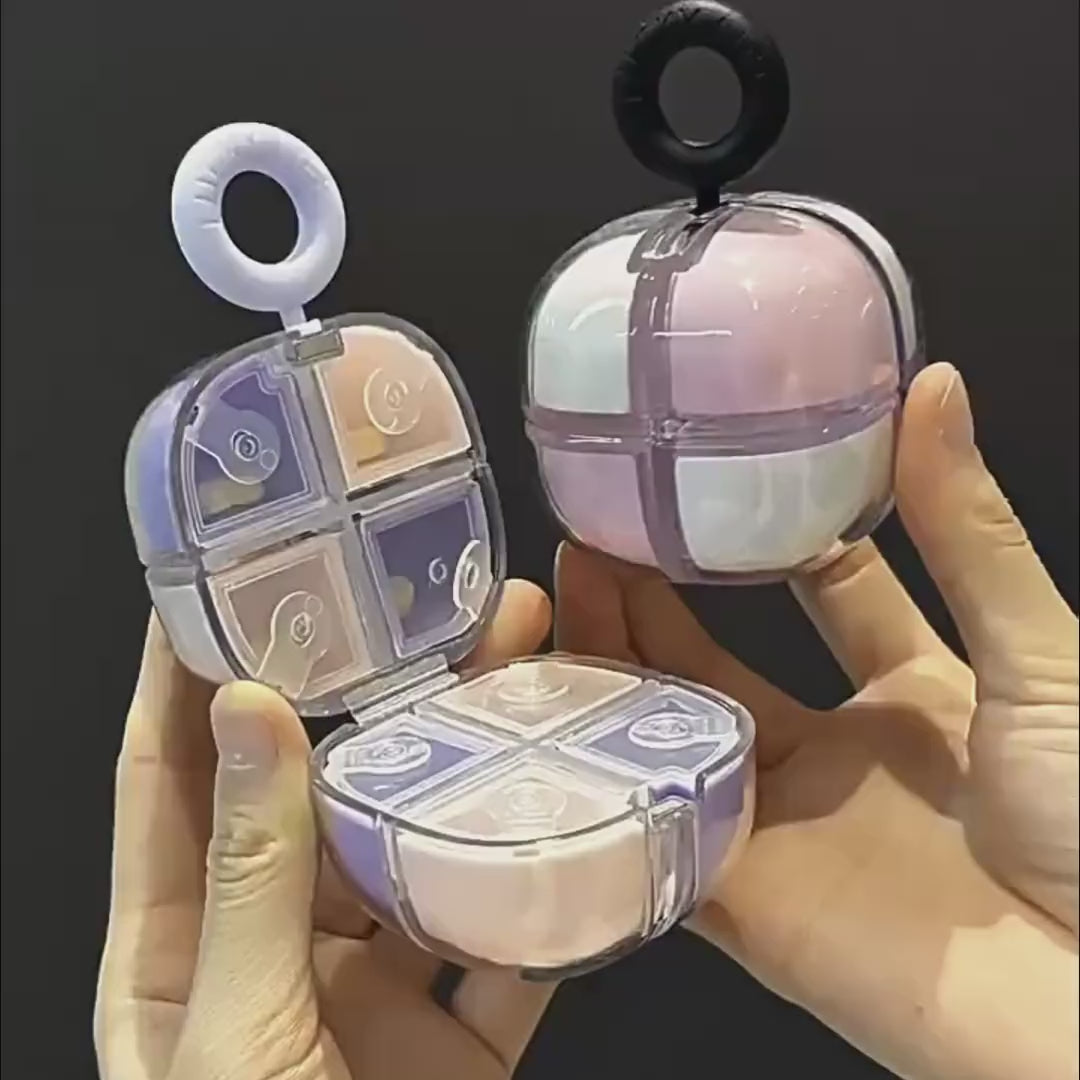 DosePod gift demonstration video, showing the portable 4-grid pill organizer's opening, compartment structure and carrying function, displaying the compact storage box usage for daily pills and small everyday items