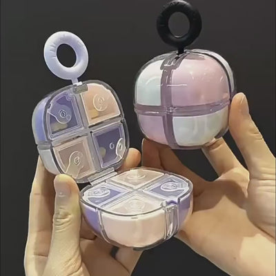 DosePod gift demonstration video, showing the portable 4-grid pill organizer's opening, compartment structure and carrying function, displaying the compact storage box usage for daily pills and small everyday items