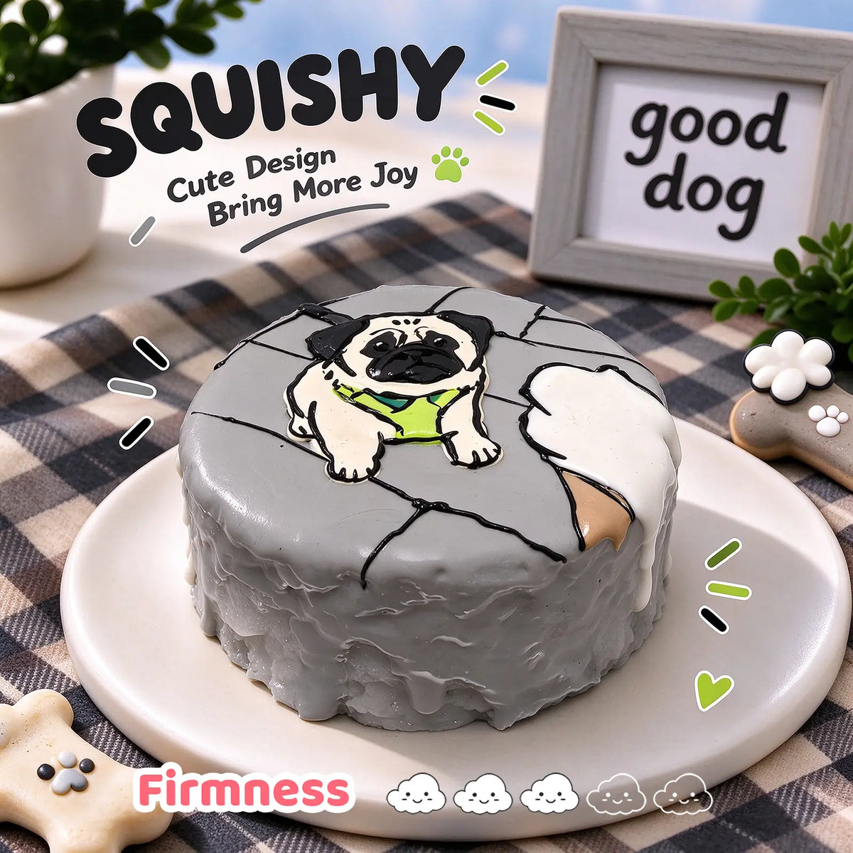 Pug custom squishy toy side view, showing soft resilient texture, thick glossy surface and squeeze feel of cute stress relief fidget