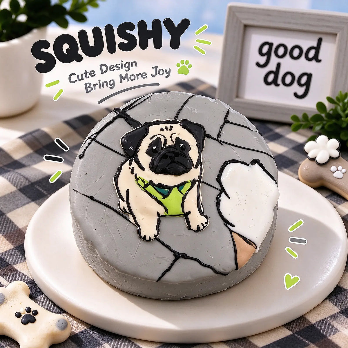 Hand-painted Pug squishy toy, cute Pug dog portrait on soft round fidget toy, gray glossy surface with beige black face, green harness and cracked floor illustration