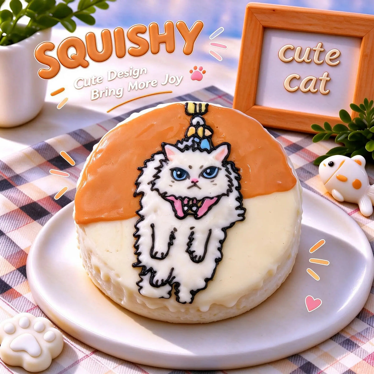 Hand-painted Ragdoll squishy toy, cute Ragdoll cat portrait with blue eyes and pink collar on soft round fidget toy, cream and orange glossy surface on display plate
