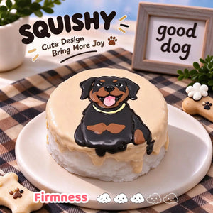 Rottweiler custom squishy toy side view, showing soft resilient texture, thick glossy surface and squeeze feel of cute stress relief fidget