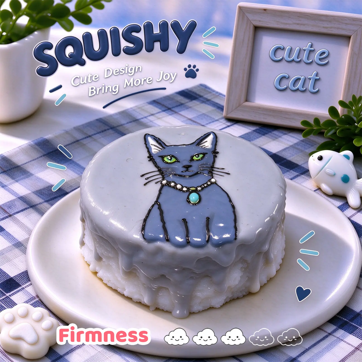 Russian Blue custom squishy toy side view, showing soft resilient texture, thick glossy surface and squeeze feel of cute stress relief fidget