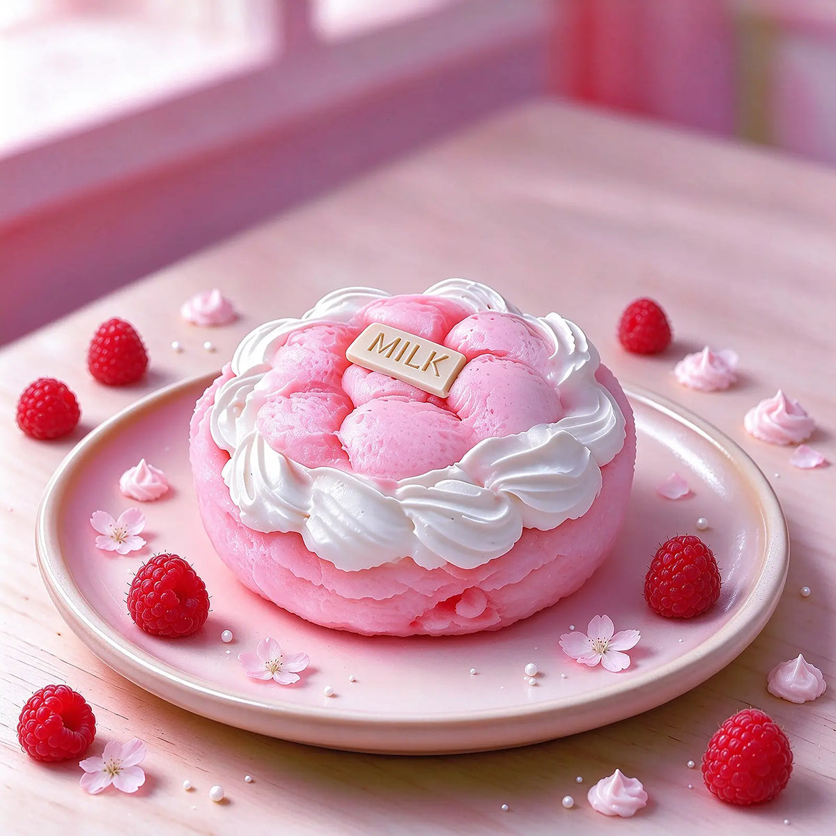 Pink sakura-inspired raspberry tart squishy displayed on a dessert plate.